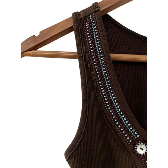 Vintage Energie Women's Boho Y2K Brown Ribbed Tank Top W/ Beaded Embellishment M - Picture 3 of 9